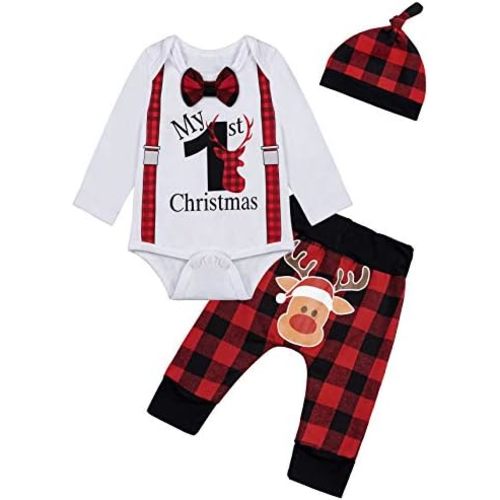 Yruiz Baby Boy My First Christmas Outfit Set Xmas Bowtie Strap Romper Deer Plaid Pants With Hat