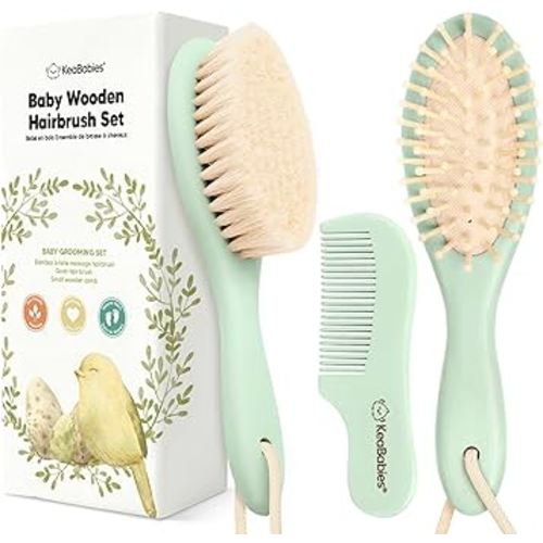Baby Hair Brush and Comb Set for Newborn - Wooden Baby Hair Brush Set with Soft Goat Bristle, Baby Brush Set for Newborns, Baby Brush and Comb Set Girl, Boy, Toddler Cradle Cap Brush (Oval, Sage)