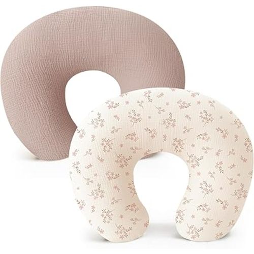 Konssy 2-Pack Muslin Nursing Pillow Covers, Soft & Adorable Nursing Covers for Breastfeeding Pillows, Slipcovers for Newborn Boys & Girls(Soft Blooms,Taupe)