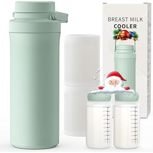 Xaproo 22oz Breast Milk Cooler Bottle, Portable Milk Cooler for Breastmilk with 360°Cooling for 24 Hours, Millk Chiller with 2pcs Baby Bottles, Breastmilk Storage Bags for Baby, BPA-Free (Green)