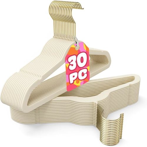 Korpai 30 Pack Baby Velvet Hangers 11 Inch,Non-Slip,Ultra Slim,Space-Saving Baby Hangers with 360° Swivel Hook, 7LBS Capacity,Baby Clothes Hangers Ideal for Baby Romper/Dresses/Shirts/Coats/, Beige