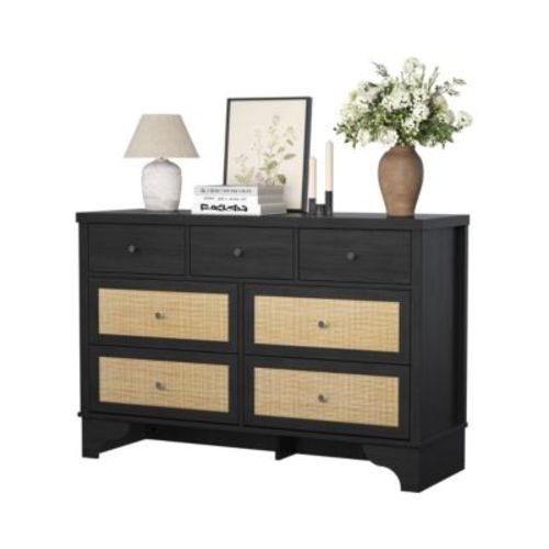 7 Drawer Dresser for Bedroom, 47.3" Wide Natural Rattan Chest of Drawers