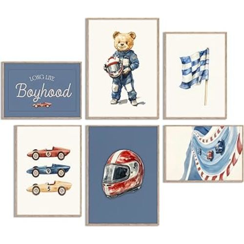 6Pcs Vintage Racing Car Nursery Canvas Wall Art Funny Teddy Bear Posters Print Artwork Retro Sport Boys Room Painting Pictures Wall Decor for Boys Bedroom Playroom Home Decoration 8x10in Unframed