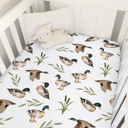 Vintage Mallard Duck Leaves Baby Crib Fitted Sheet 52''x28'' Duck Hunting Stretchy Fitted Crib Mattress Sheet for Boy Girl Wild Duck Soft Nursery Bed Sheet for Standard Crib and Toddler Mattress - One size