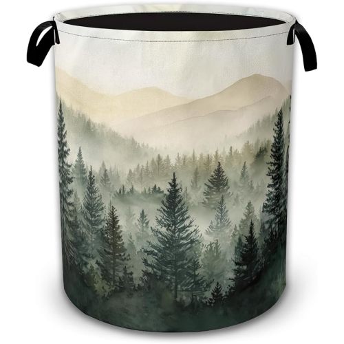 Collapsible Laundry Basket,Green Forest Waterproof Oxford Cloth Hamper with Handles,Misty Mountain 16 x 20.8 Inch Portable Storage Organizer for Laundry Room Bedroom