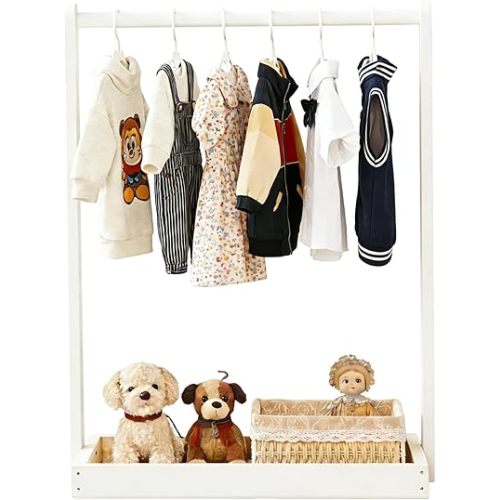 Baby Clothing Rack for Baby Shower, Pets Clothes Rack with Storage Box & Hanging Rod for Dogs Cats Dolls Clothes Display, Mini Baby Shower Crate Closet Rack (White)