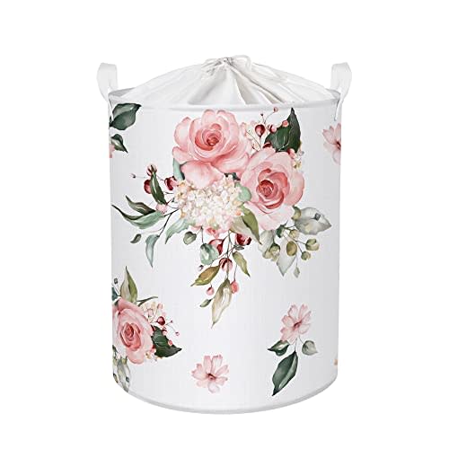 Clastyle 63L Pink Flower Baby Girl Nursery Hamper Large Round Dirty Clothes Laundry Basket Toys Valentine Gift Basket with Lid, 15.7x19.7 in
