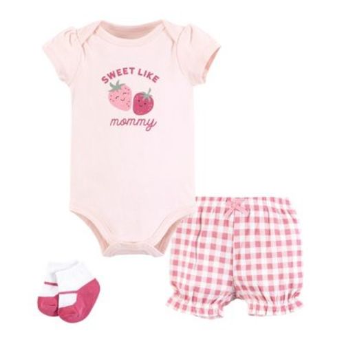 Hudson Baby Infant Girls Bodysuit, Short and Sock, Strawberry Love, 0-3 Months
