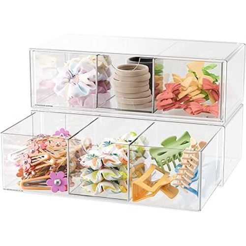 Hair Accessories Organizer for Girls, Clear Acrylic Hair Bow Tie Clip Scrunchie Holder with Divider, Cute Small Stackable Storage Drawer Container Caddy Box for Bathroom Vanity Countertop, 2Pcs