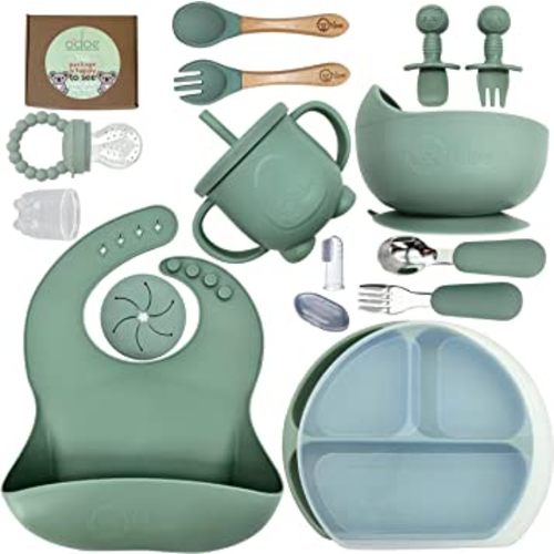O'doe 17-Pcs Silicone Baby Feeding Set – Baby Led Weaning Supplies With Suction Plates For Toddlers, Baby Plates and Bowls Set | Green V2