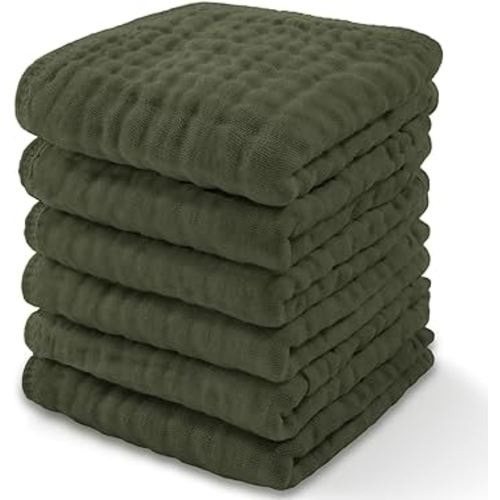 Baby Washcloths, Muslin Cotton Baby Towels, Large 10”x10” Wash Cloths Soft on Sensitive Skin, Absorbent for Boys & Girls, Newborn Baby & Toddlers Bibs & Burp Cloths Essentials Set (Kelp, Pack of 6)