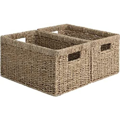 StorageWorks Baskets for Organizing, Wicker Baskets with Built-in Handles, Storage Basket, Seagrass Baskets for Shelves (Medium 2-Pack, Natural Water Hyacinth)