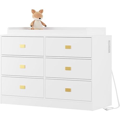 Changing Table Dresser with 6 Drawers, Changing Dresser with Power Outlets, Baby Dresser with Changing Table Top, Nursery Dresser Diaper Changing Station with Soft Changing Pad & Removable Top, White