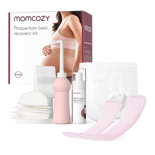Momcozy Postpartum Recovery Essentials Kit, Labor Delivery Mom Care Kit, Self-Absorbent Disposable Underwear Nipple Nursing Pads Upside Down Peri Bottle Cold Pads Cooling Foam Canvas Bag Set