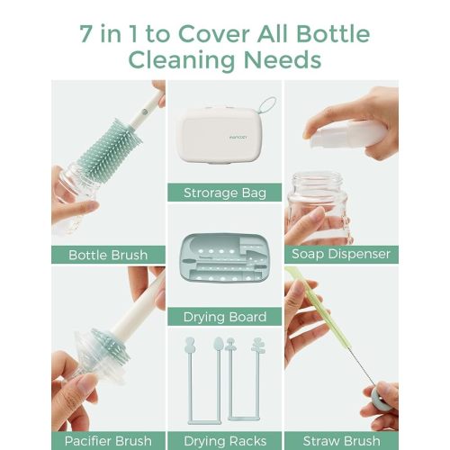 Momcozy Bottle Brush Set - Baby Bottle Cleaner Kit with Silicone Brush, Nipple Brush, Straw Brush, Soap Dispenser, Drying Rack - 7 in 1 Bottle Cleaning Tool for Home and Travel, Green
