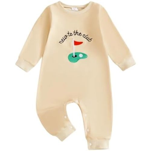 allshope Newborn Baby Boy Fall Outfit Romper Golf Court Embroidery Long Sleeve Jumpsuit Bodysuit Cute Infant Clothes