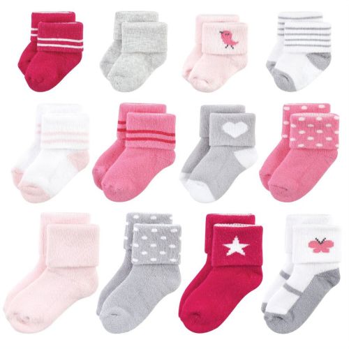 Hudson Baby Infant Girls Grow With Me Socks 12pk, Bird, 0-24 Months