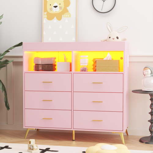 TROPOW Dresser for Bedroom with LED Lights and Power Outlet, Baby Changing Table Dresser with 6 Drawers, 2 Open Storage Shelves, Baby Dresser with Changing Table Top, Pink