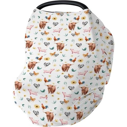 Farm Animals Baby Car Seat Covers Cow Pig Rooster Hen Sunflowers Stretchy 5-in-1 Cover Adjustable Car Canopy Cover Country Farm Life Breathable Nursing Cover-Up