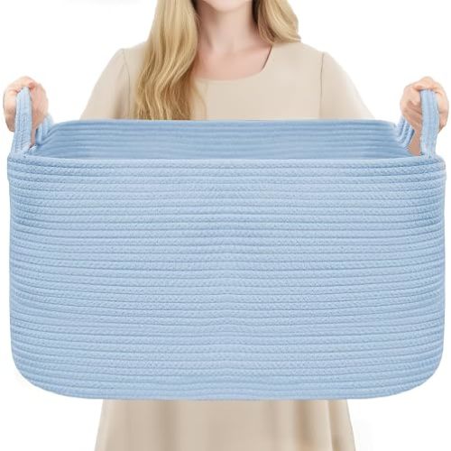 YOUDENOVA Nursery Storage Basket，21.6''×14.9''×11.8'' Rectangle Cotton Rope Blanket Basket, Nursery Laundry Hamper for Organizing，Toy Basket for Living Room, Bedroom