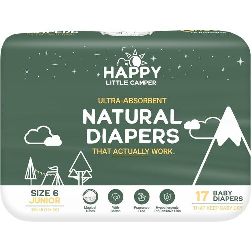 Happy Little Camper Ultra-Absorbent Natural Baby Diapers Size 6 - Hypoallergenic & Chlorine-Free Disposable Diapers Safe for Sensitive Skin - Unscented Junior Diapers - 17 Count