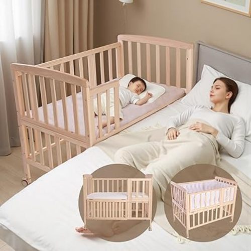Baby Bassinets Bedside Sleeper - Portable Pine Wood Bedside Bassinet,with Mattress and Breathable Liner,3 Heights Small Mini Crib,Baby Crib for Newborns 0-18 Months,Unpainted