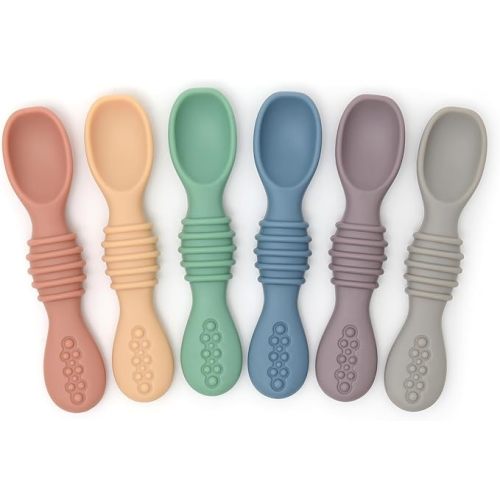 PrimaStella Silicone Chew Spoon Set for Babies and Toddlers - Safety Tested - BPA Free - Microwave, Dishwasher and Freezer Safe - Earth Shades