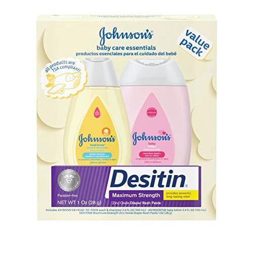 Johnson's Baby Care Essentials Gift Set, Baby Skincare Set with Body Wash & Shampoo, Body Lotion, & Zinc Oxide Diaper Rash Paste for Baby's Delicate Skin, Value Pack, Travel-Size, 3 Items