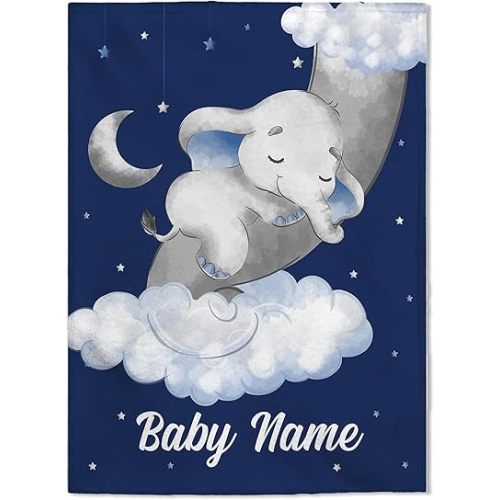FLOCHIL Personalized Blanket with Name – Custom Fleece Blanket for Boys, Newborn Gift, Elephant Design (30x40) (Elephants 4)
