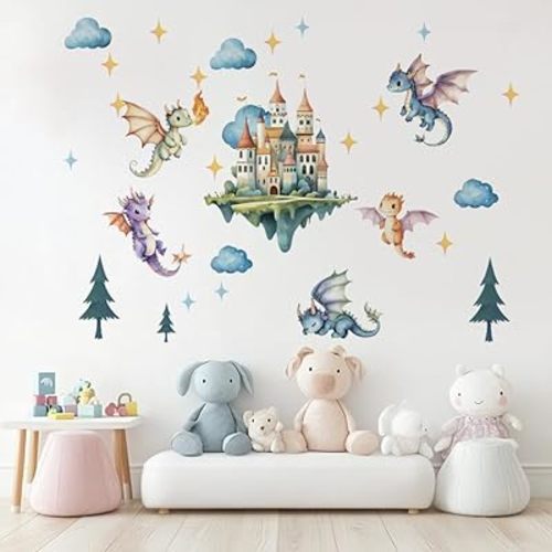 SUPERDANT Flying Dragon Wall Stickers Cartoon Castle Wall Decor Nursery Stickers Dragon DIY Vinyl Murals Peel and Stick Wallpaper Art Decals for Kids Room Playroom Livingroom Baby Room Decor