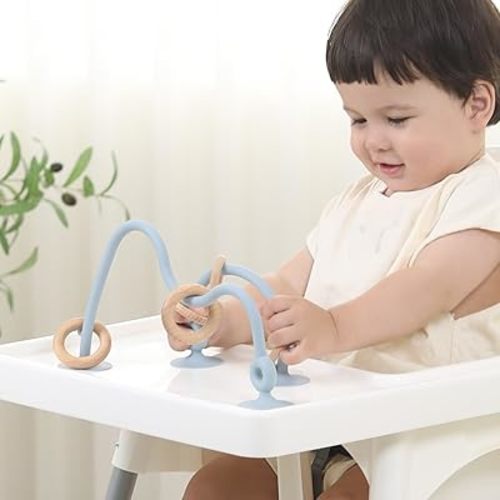 High Chair Toys with Suction Cups | Silicone & Wooden High Chair Suction Cup Toys for Babies 6-12 Months | Engaging Baby Teething Toys (Beige)