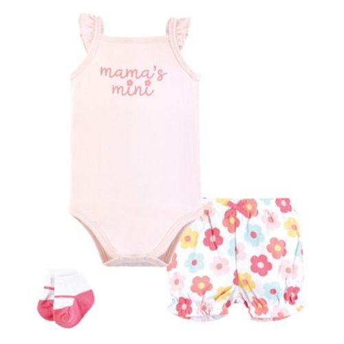 Hudson Baby Infant Girls Bodysuit, Short and Sock, Cheerful Flower Mini