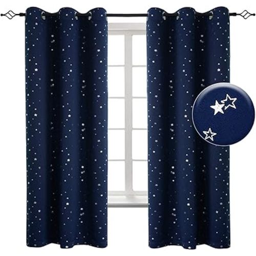 BGment Kids Blackout Curtains for Bedroom - Grommet Thermal Insulated Silver Star Print Room Darkening Curtains for Living Room, Set of 2 Panels (38 x 45 Inch, Navy Blue)