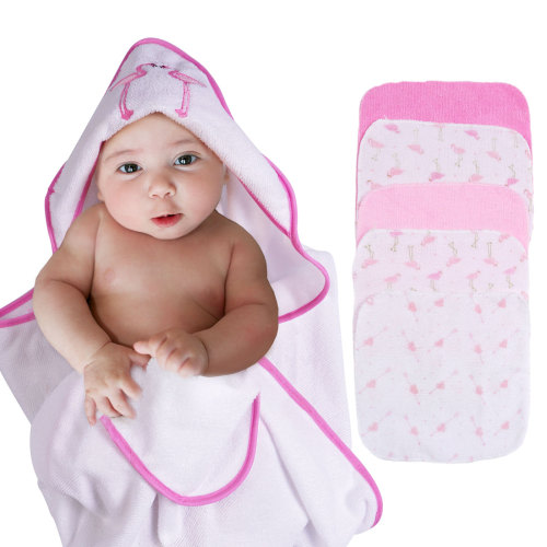 Viviland Baby Hooded Bath Towel and Washcloths 6 Pack for Newborn and Infants, Flamingos