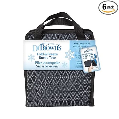 Dr. Brown’s Fold & Freeze Bottle Tote, Breastfeeding Essential Cooler Bag, 6 Baby Bottles Milk Storage - Black