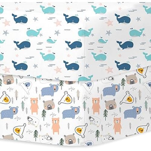 Little Grape Land Crib Sheets Baby Toddler Sheets 2 Pack Fitted for Boys Girls, Standard Size 28x52‘’ Crib Mattress, Super Soft Breathable Washable Microfiber (Whale/Little Bear)