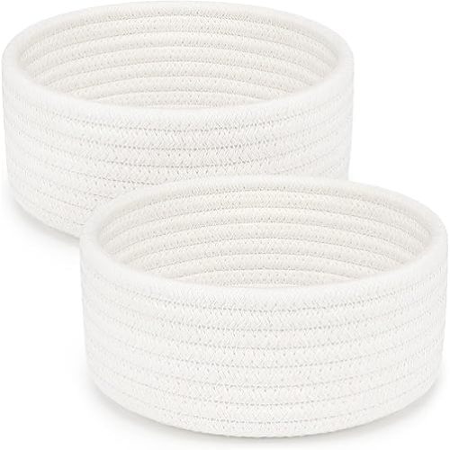 ABenkle 2 Pack Small Baskets, Cotton Rope Woven Basket, Cute Mini Tiny Storage Baskets, Decorative Boho Basket for Nursery Living Room Bedroom Shelf, Empty Gift Baskets for Mother's Day - White