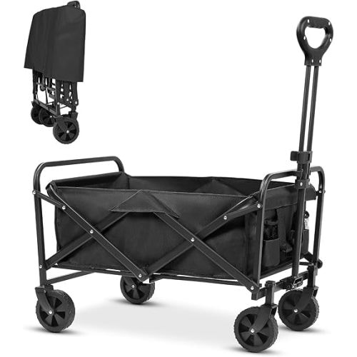 Collapsible Foldable Beach Wagon,Wagon Carts with Wheels Folding,Utility Grocery Lounge Wagon for Sand Camping Sports Shopping Outdoor(Black).
