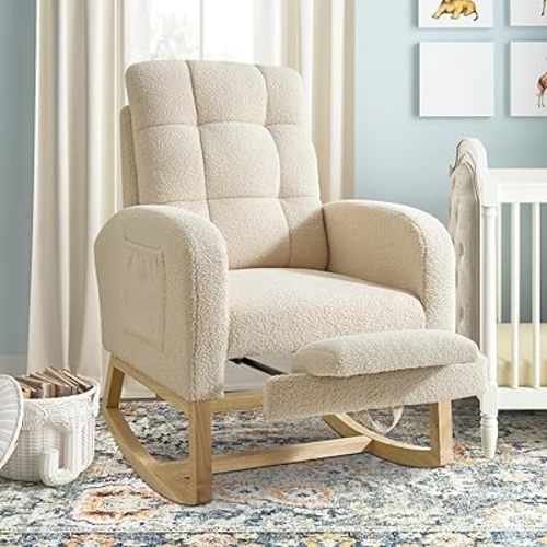 Nursery Rocking Chair with Retractable Foot Rest, Teddy Glider Rocking Chair, Mid Century Rocker Chair, High Back, Solid Wood Legs, Beige