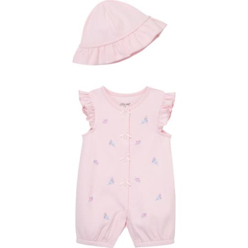 Rosebud Embroidered Cotton Romper & Hat Set, 3M
