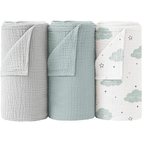 Bearmoss Muslin Swaddle Blankets, 40 x 38 inches Baby Swaddle for Boys and Girls, Soft Baby Blanket, 3 Pack Breathable Nursery Receiving Blankets (Grey Green)