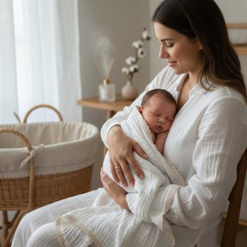 Muslin Baby Blanket with Lace Trim, Soft 6-Layer Cotton Swaddle, Newborn Receiving Blanket, Baby Shower Gift