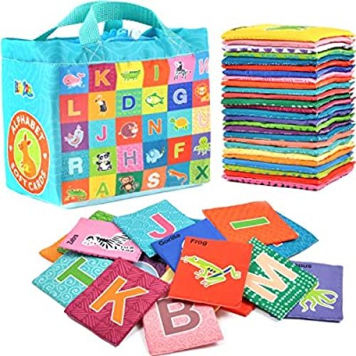 BleuZoo Soft Alphabet Cards - Baby Educational Preschool Early Learning ABC Letters Flash Cards Classroom Montessori Teaching Toy for Kids Toddlers - 26 Letters & Cloth Storage Bag