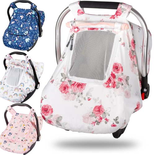 Beavtaens 3-in-1 Breathable Winter Baby Car Seat Cover with Storage Bag (Pink Flower)