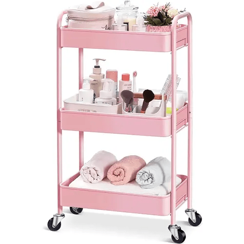 TOOLF 3-Tier Rolling Cart, Metal Utility Cart with Lockable Wheels, Storage Craft Art Cart Trolley Organizer Serving Cart Easy Assembly for Baby Room, Bathroom, Kids' Room, Beauty Salon (Pink)