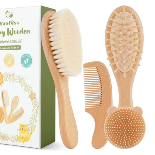 Yoofoss 4 Piece Baby Brush and Comb Set, Wooden Baby Brush with Natural Ultra Soft Goat Hair, Baby Hair Brush for Newborn, Baby Brush Set for Boy Girl