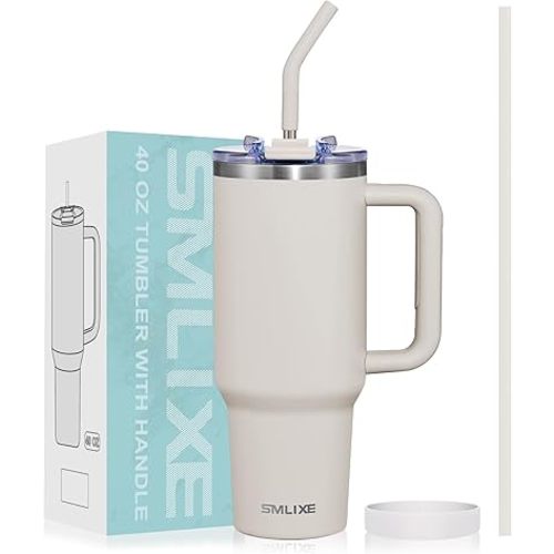 40 oz Tumbler with Handle and Straw Lid,Insulated Reusable Stainless Steel Water Bottle Travel Mug,Cupholder Friendly Double Wall Vacuum Sealed Cup (Almond Birch)