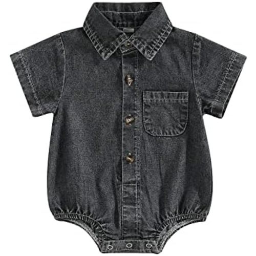 Unisex Newborn Baby Boy Girl Clothes Denim Button Up Shirt Oversized Lapel Short Sleeve Bubble Romper Outfit