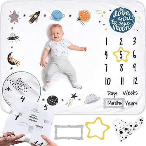 Luka & Lily Baby Milestone Blanket - Ultra Soft Fleece Monthly Milestone Blanket for Baby Girl and Boy - Perfect for Baby's First Year Growth Chart - Monthly Baby Milestone - Outer Space - 60"x40"