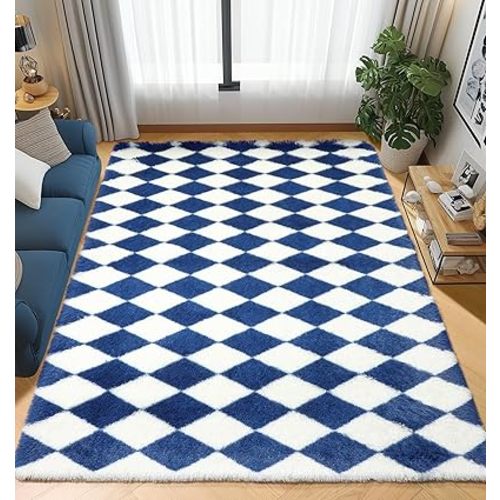 ONASAR 5x8 Navy Blue and Cream White Rugs for Bedroom Living Room, Soft Fluffy Checkered Area Rug Fuzzy Plush Shag Large Carpet, Comfy Shaggy Bedroom Rug for Teens Boys Dorm Baby Playroom Nursery